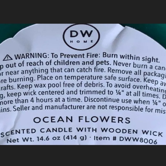 DW HOME CANDLE OCEAN FLOWERS WOOD WICK SCENTED NEW 14.6 oz - Picture 3 of 3